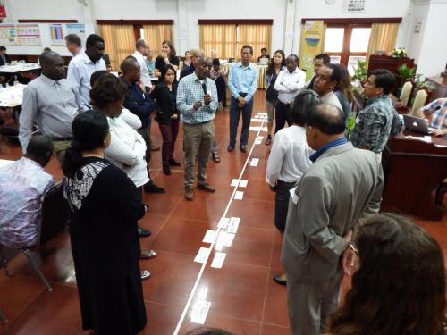A CDAIS facilitator from Ethiopia, explains the progress of the project using the 'timeline' tool. 